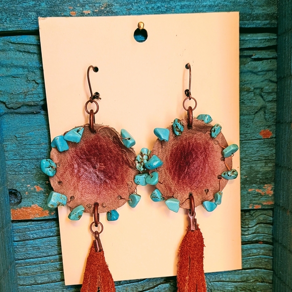 Hand Crafted Turquoise and Brown Earrings - Picture 2 of 5